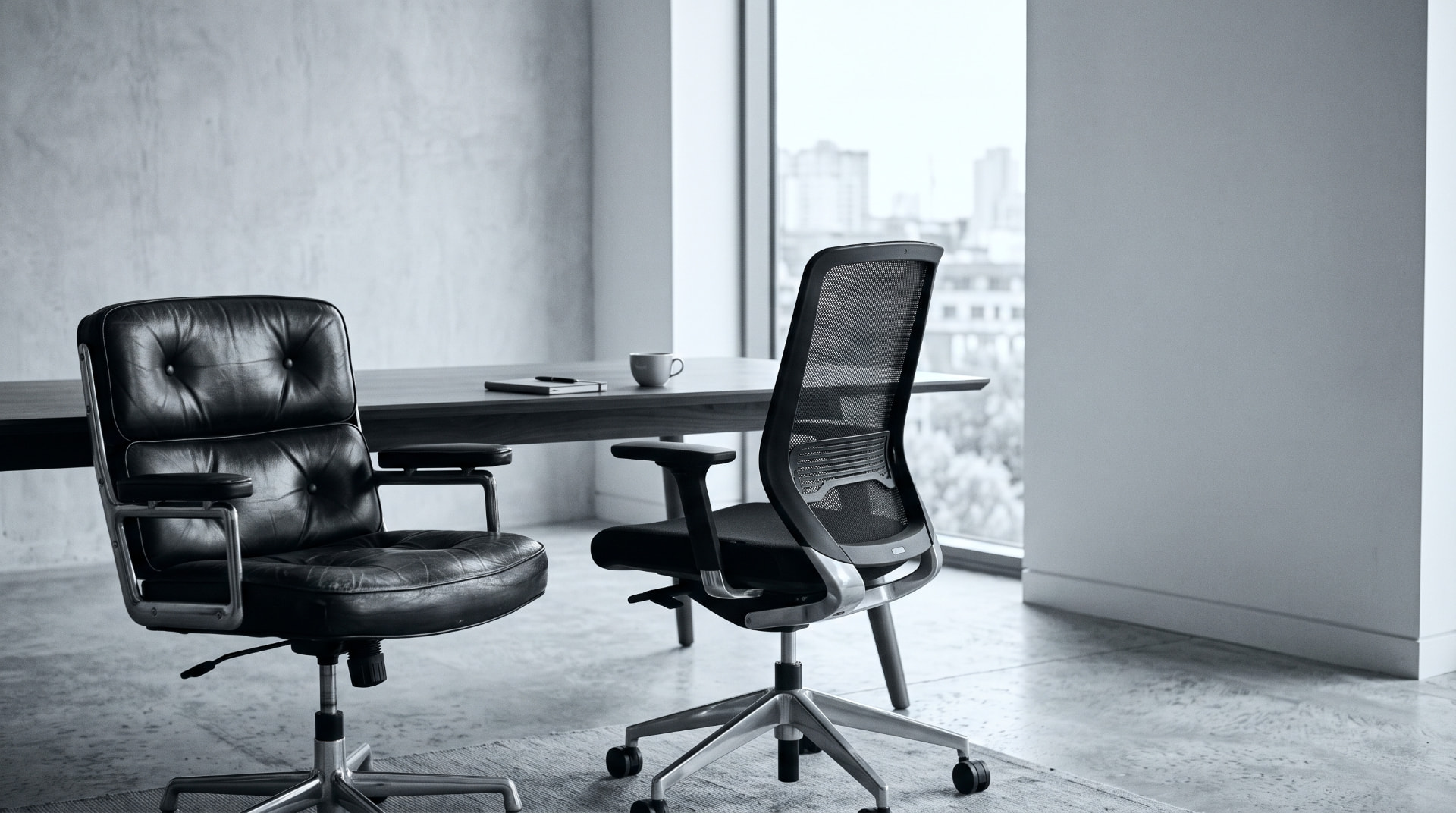 Dos sillas de oficina distintas frente a una mesa de trabajo