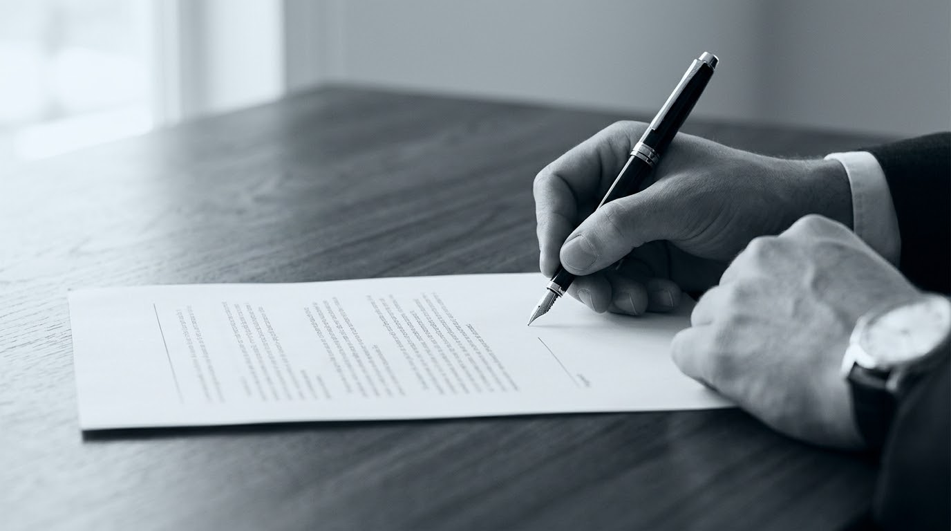 Mano firmando un documento con pluma fuente