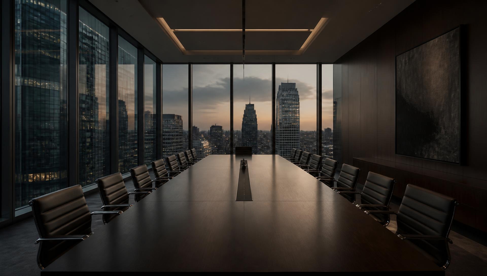 Sala de directorio corporativa al atardecer